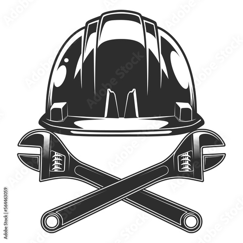 Crossed wrench and business builder hard hat from new construction and remodeling house in vintage monohrome style illustration