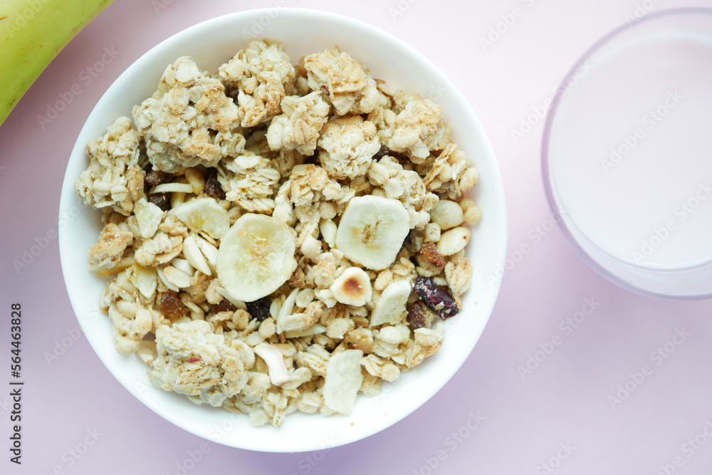 top view of banana granola Musli in a bowl, top view of banana granola Musli in a bowl,