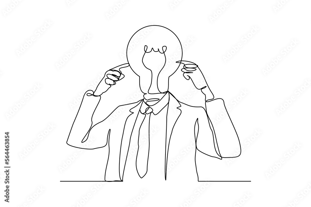 Continuous single one line drawing business man with idea bulb head. Vector illustration of smart and success people.