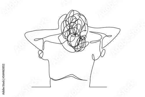 Continuous singe one line drawing art of stress confusing people because any problem. Vector illustration of business woman mess feeling with round scribbles instead of a head.