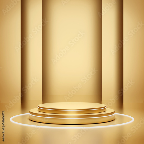 Gold podium in gold room for mock up, 3D rendering