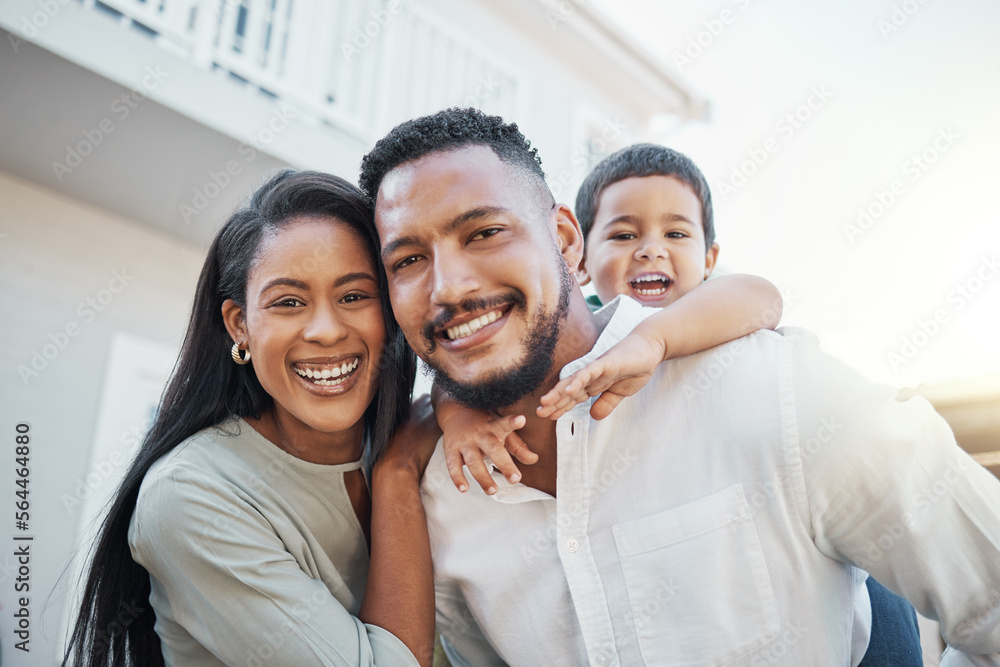 Mother, father and child with smile for family portrait, piggyback or bonding outside the house. Happy mom and dad holding son on back smiling in happiness for holiday break or weekend together Mother, father and child with smile for family portrait, piggyback or bonding outside the house. Happy mom and dad holding son on back smiling in happiness for holiday break or weekend together