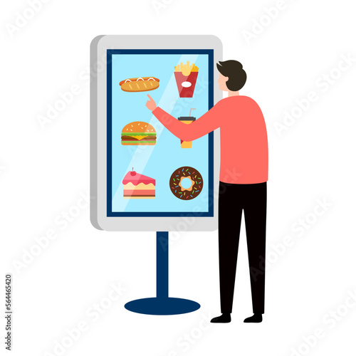 Man using self service kiosk in ordering food in flat design on white background.