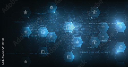 Banking Technology concept.Isometric illustration of bank on dark blue technology background. Digital connect system.Financial and Banking technology concept.