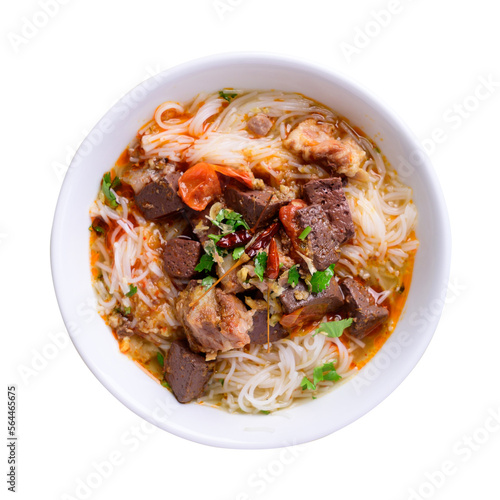 Northern Thai food (Kanom Jeen Nam Ngeaw), Spicy rice noodles soup with pork and pork blood photo