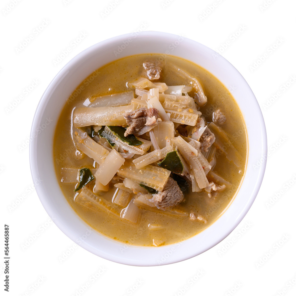 Local Thai food, Spicy banana stalk soup with pork in a bowl on transparent png Local Thai food, Spicy banana stalk soup with pork in a bowl on transparent png