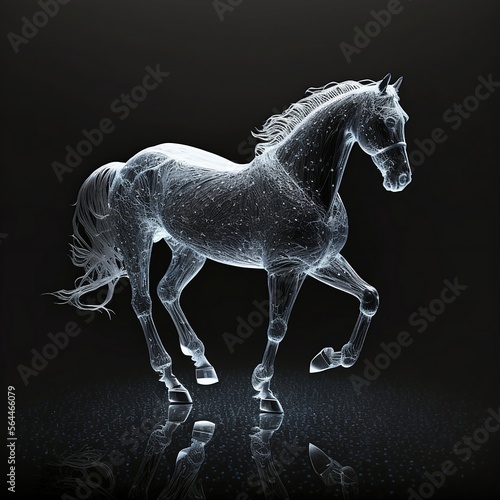 white transparent crystal horse with realistic sparkles on black background