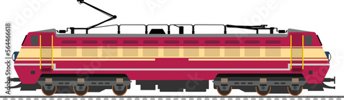 Electric locomotive with white background, side view of a train on track, vector 