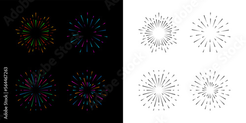 Vector set of festive colorful fireworks for holiday, carnival, new year, Christmas Xmas, birthday party, Independence day. Black and white outlines of fireworks on an isolated background.