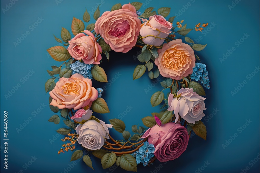 Composition of rose wreath on blue background
