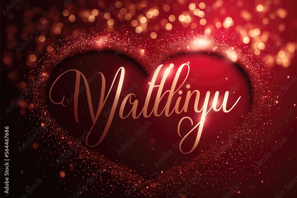 Happy Valentine's Day Text Over Luxurious Red Sparkle Glitter Background, Glamorous Valentine Holiday Calligraphy Font with Glowing Defocused Bokeh Lights Backdrop, Elegant Valentine's Day Card Design