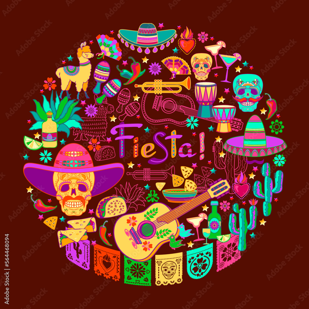 Fiesta circle pattern. Mexican colorful symbols isolated on brown. Vector.