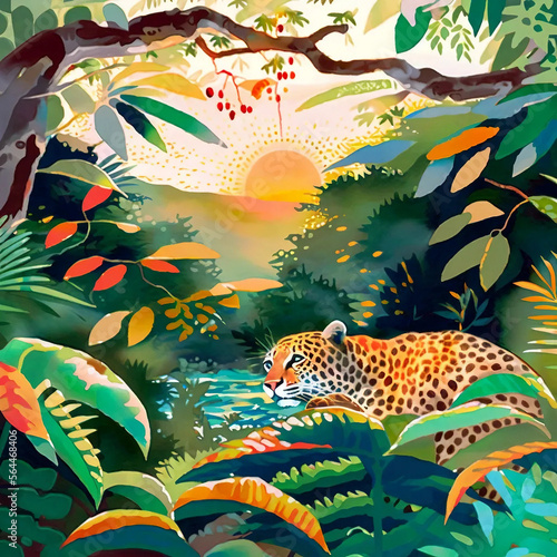 watercolor illustration of a jaguar in the amazon rainforest