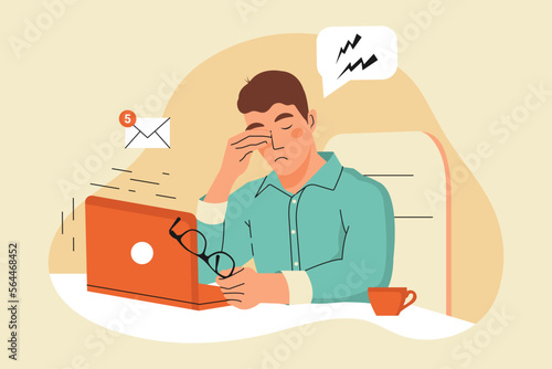 Young guy is working on a Laptop. Tired character. Concept of Eye Health while Working at the computer. Flat vector illustration.