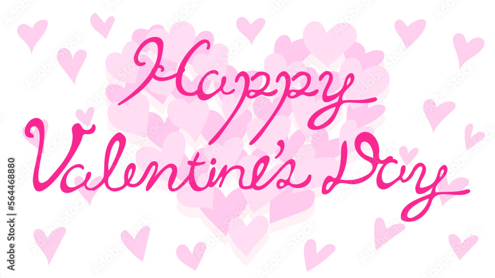「Happy Valentine’s Day」の文字付きのハートマークの背景。フラットなベクターイラスト。