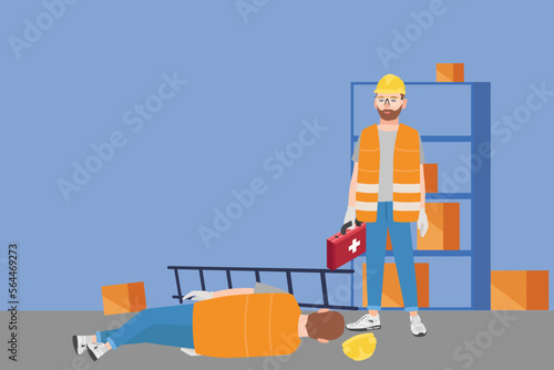 Worker helping another worker after accident with First Aid kit box. First aider standing before injured worker with first aid kit in the warehouse. Warehouse worker fall from ladder with box laying