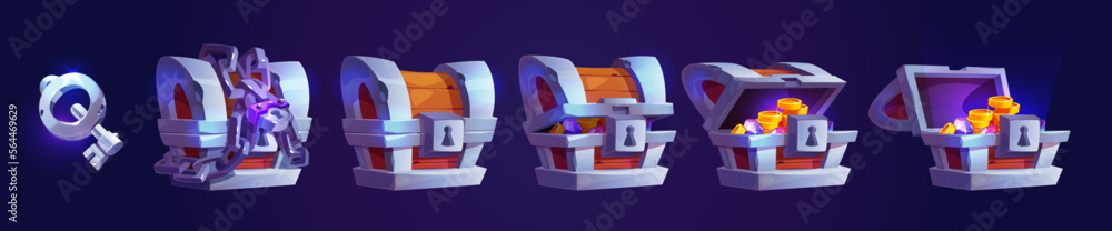 Open Chest Token Treasure chest open with gold coins, locked with chain and padlock and ...