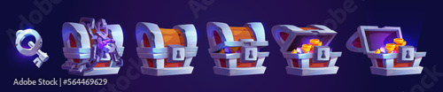 Treasure chest open with gold coins, locked with chain and padlock and key. Game icon of rare loot with ancient wooden trunk with glowing golden money, vector cartoon set isolated on background