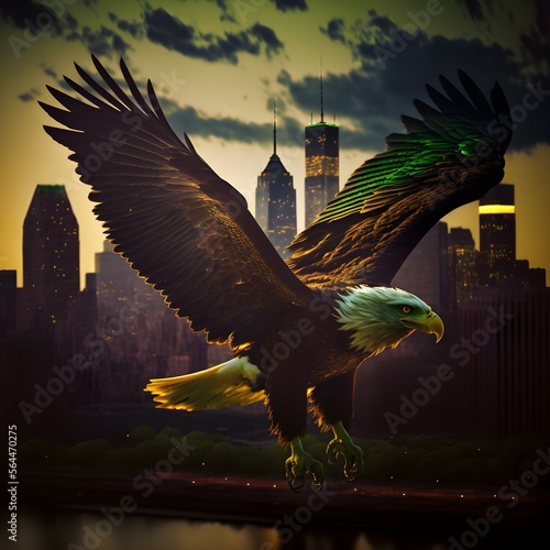 Fototapet huge green eagle flying over philadelphia pa add ofotball in eagles mouth intric