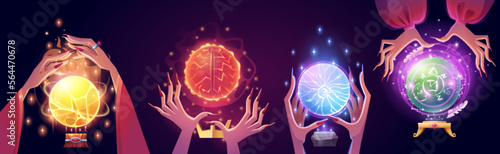 Cartoon set of witch hands with magic ball on dark background. Vector illustration of creepy female fingers with long nails holding fortune telling spheres glowing and sparkling. Witchcraft ritual