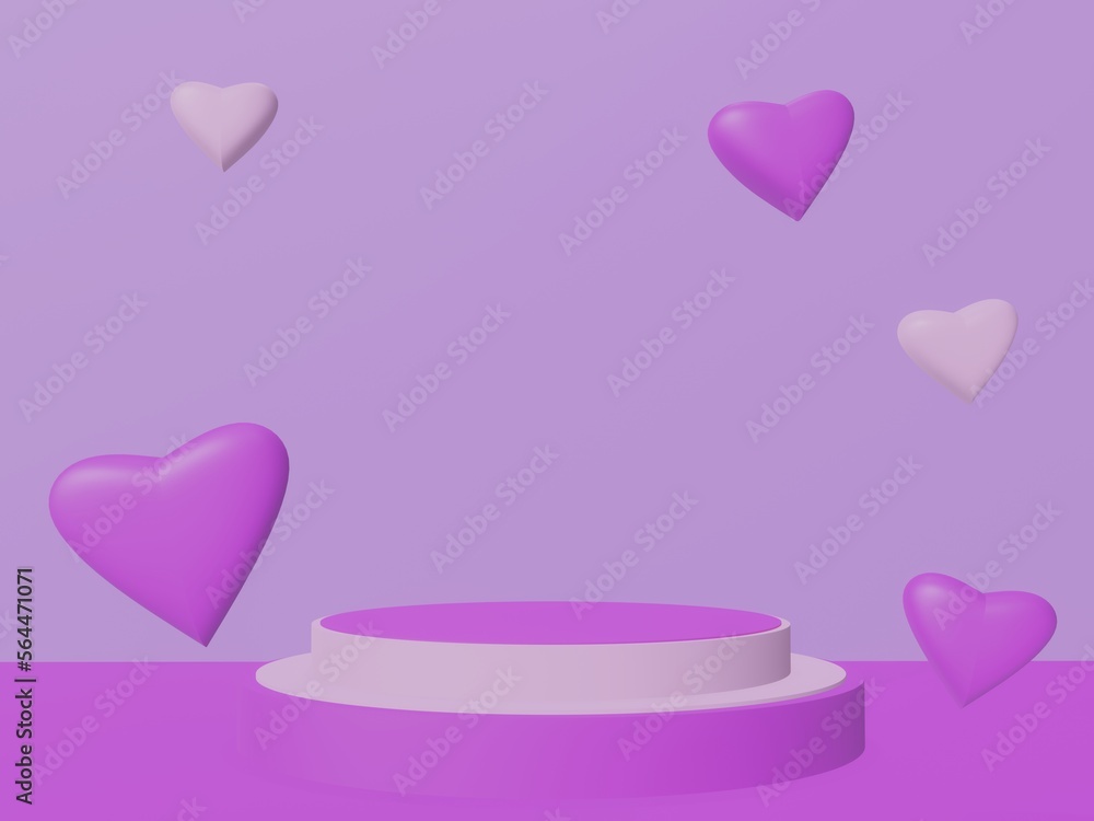 Happy valentine day 3D  podium with  heart on  pastel background. Minimal style. 3d render.