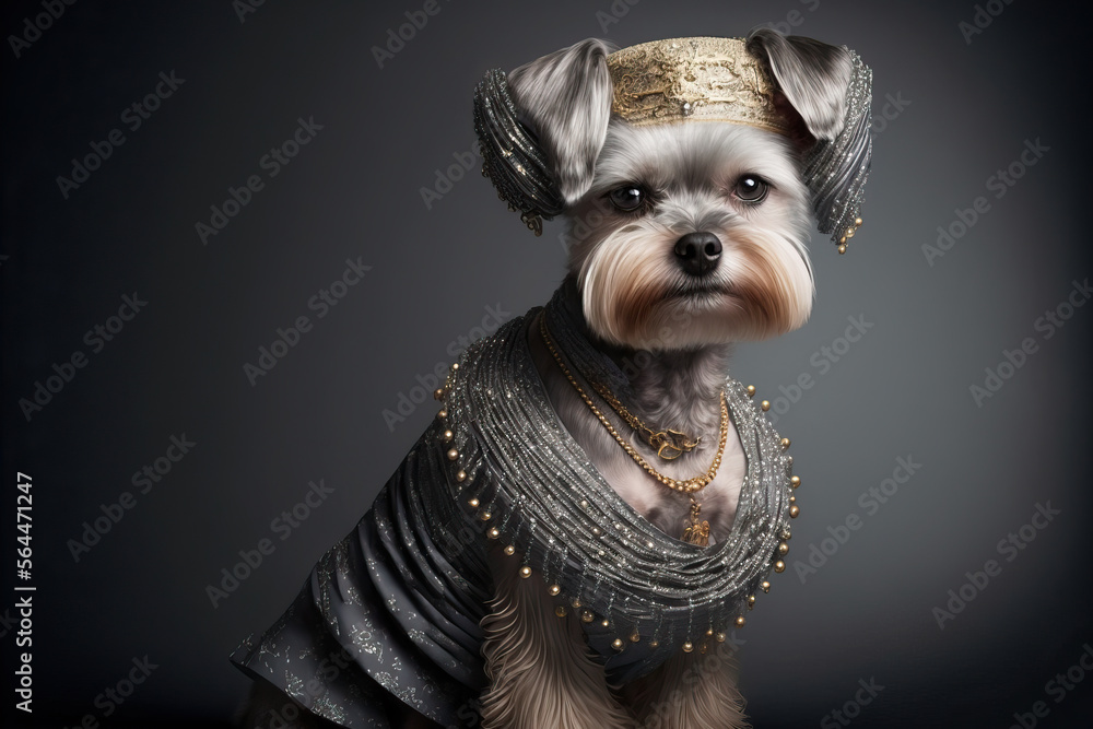 Yorkshire terrier wearing a regal dress. Pet portrait in clothing. Dog fashion. Post-processed generative AI