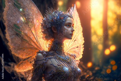 Fényképezés Beautiful fairy with translucent wings in a magical forest