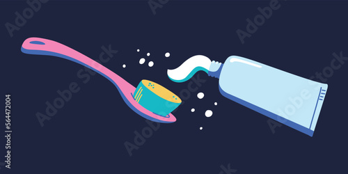 Toothpaste is squeezed out of the tube onto the toothbrush. Daily oral care. Stylish full color illustration in flat cartoon style. Classic tooth brushing.