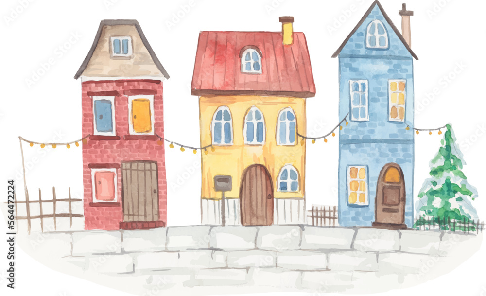decorative watercolor houses in the snow