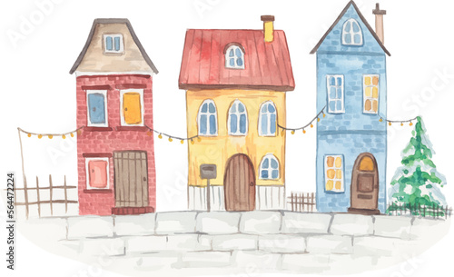 decorative watercolor houses in the snow