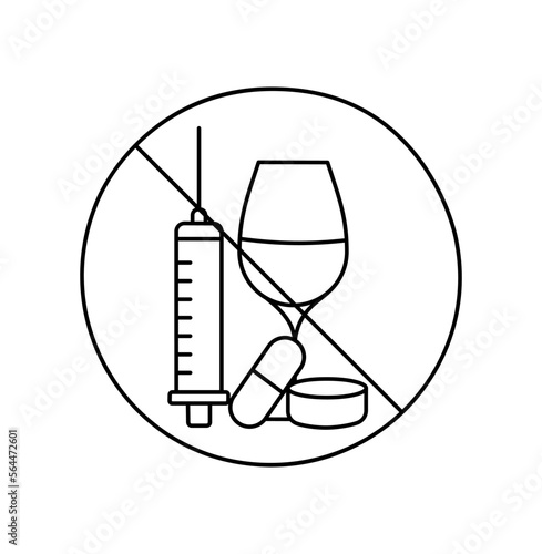 The use of alcoholic beverages and narcotic substances is prohibited by the line icon in the vector.