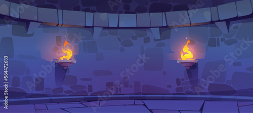Castle dungeon interior with stone brick walls and torches. Empty basement of medieval temple, palace or fort tower with fire on wall at night, vector cartoon illustration