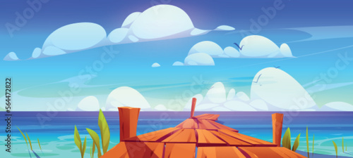 Sea or lake water with wooden pier. Summer landscape of river dock, ocean harbor beach with old wood wharf and green grass. Berth with boardwalk on sea bay coast, vector cartoon illustration