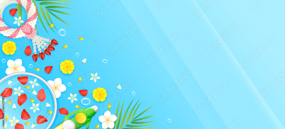 Songkran festival. Thailand traditional new year. Marigold rose petals in bowl and Jasmine garland with water gun green on blue background. Copy space for text. Banner travel ads. Realistic 3D Vector.