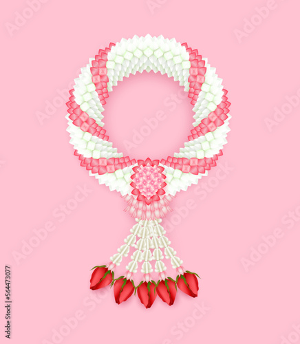 Thai jasmine garland, red rose with calotropis traditional. For Mother's Songkran festival or religion buddhism observation day. Top view 3D isolated on pink background. Vector EPS10 illustration.