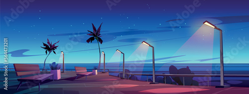 Night urban embankment illuminated with street lights. Cartoon vector illustration of empty seaside city promenade with benches, palm trees, many stars shining on dark sky. Game background design
