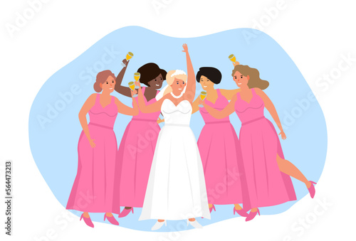 bridesmaids party bride and multiethnic bridesmaids with champagne glasses vector illustration