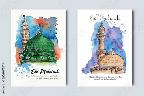 islamic mosque sketch with beautiful sky greeting card