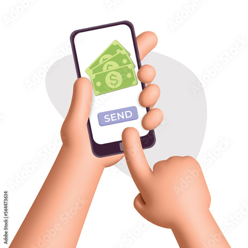 3d vector man hands hold smartphone and transfer dollar money with mobile app service design illustration