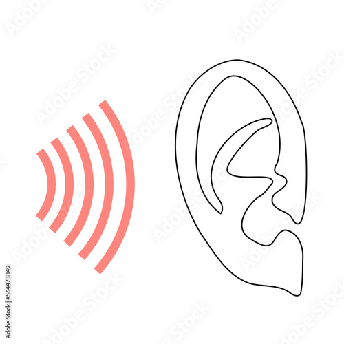 human ear with waves - one line drawing vector. concept echolocation, sound signal, radio waves, radiation