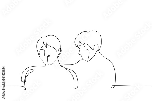 man hugging friend's shoulders - one line drawing vector. emotional support concept, male friendship, skinship