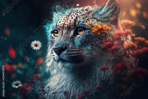 Mythical white fur spotted leopard  elusive and rarely seen ancient forest guardian and protector, stealthy and perfectly camouflaged. Piercing gaze with regal posture - generative AI illustration. © SoulMyst