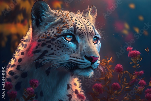 Mythical white fur spotted leopard  elusive and rarely seen ancient forest guardian and protector  stealthy and perfectly camouflaged. Piercing gaze with regal posture - generative AI illustration.