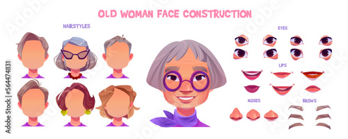 Old asian woman character, senior person face construction set. Chinese grandmother, elderly lady avatar generator with different hairstyles and face parts, vector cartoon illustration