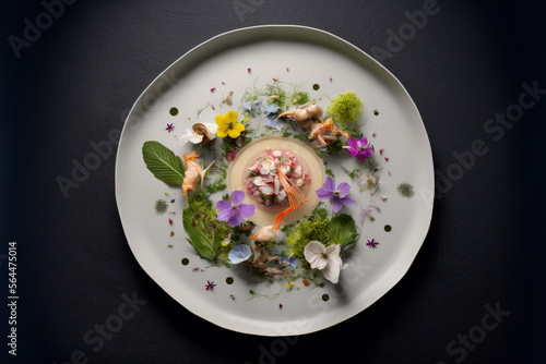 Top-View of a Gourmet Plate: Ceviche and Fresh Vegetables in Perfect Harmony photo