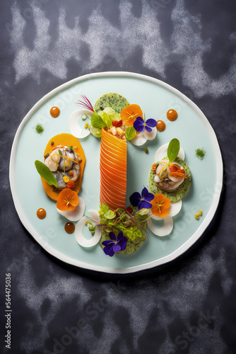 A restaurant plate: salad with salmon and fresh herbs.