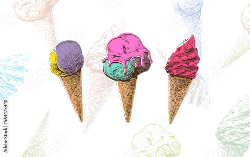 Bright banner with ice cream illustration. Template advertising placards design. Hand drawn vector clip art. 