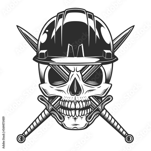 House builder skull with sword and hard hat from new construction and remodeling business vintage style illustration