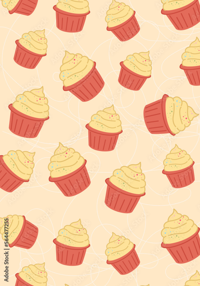 seamless pattern with sweets, cupcake, popsicle, cupcakes on orange, yellow background, candy bar background. Vector poster