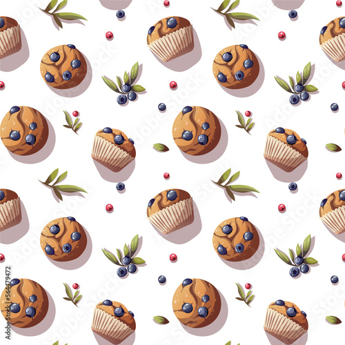 Seamless pattern with muffins and berries. Baking, bakery shop, cooking, sweet products, dessert, pastry concept. Perfect for product design, scrapbooking, textile, wrapping paper.